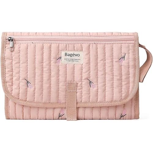 YFGBCX Portable Diaper Changing Pad, Waterproof Quilted Nappy Changing Mat with Wipes Pocket & Foldable Storage for Stroller (Pink)