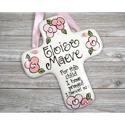 Personalized Baby Girl Cross: Hand-Painted Ceramic Floral Nursery Decor