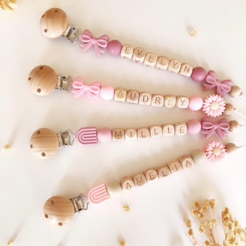 Personalized Dummy Clip Bow: Pink Crochet Bead, Pacifier Holder | Personalized Pacifier Clip | Custom Newborn Soother Holder