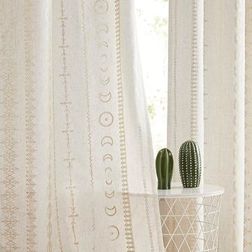 SXZJTEX Gold Linen Curtains for Living Room,Boho Ethnic Tribal Geometric Celestial Print Light Filtering Curtains 84 Inches Long for Bedroom, Grommet Top,2 Panels,55" W x 84"