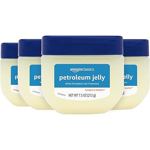 Amazon Basics Petroleum Jelly White Petrolatum Skin Protectant, Moisturizer for Dry Skin Relief, Chapped Lips and Minor Cuts, Unscented, 7.5 oz, 4-Pack (Previously Solimo)