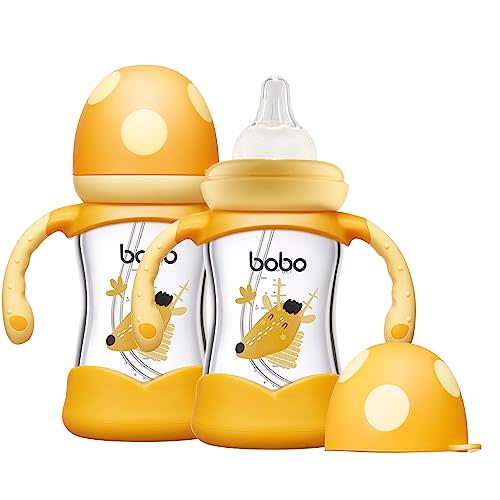 YOHKOH Natural Glass Baby Bottle with Handle, 5.4oz (2-Pack) Yellow | Borosilicate Glass, Natural Feel, Wide Neck Baby Bottle, Ergonomic Easy‑Grip Handles, Easy to Clean, BPA‑free, Lead‑free