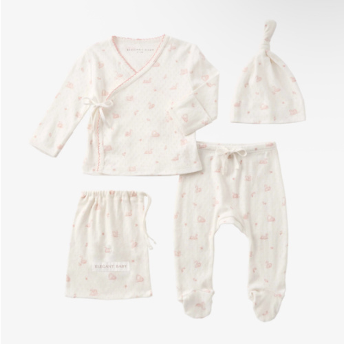New Born Pink Swan Print Organic Cotton Pointelle Layette 3 Pc Gift Set