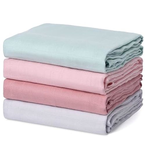 Momcozy Muslin Swaddle Blanket, 4 Pack Large 47 X 47 Inches Breathable Swaddling Receiving Blankets for Baby Boy & Girl, Soft and Skin-Friendly Unisex Baby Blankets, Pink Blue