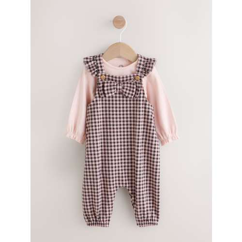 Pink / Chocolate Gingham Baby Long Sleeve Bodysuit and Dungarees 2 Piece Set (0mths-2yrs)
