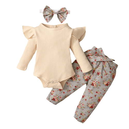 Odeerbi Baby Girls Clothes Infant Ruffle Long Sleeve Floral Print Bodysuit 3PCS Baby Layette Set