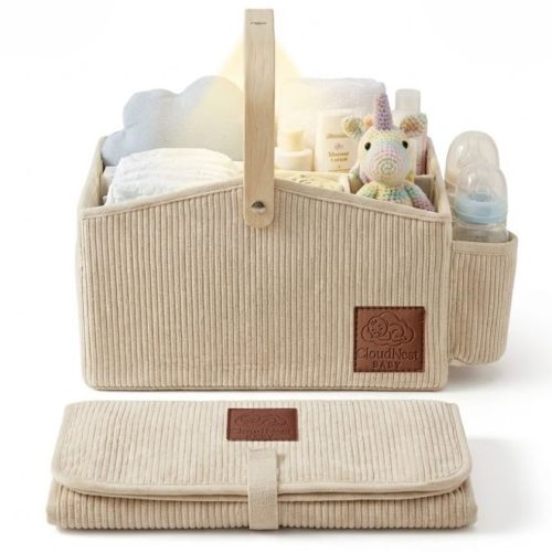 Cloud Nest Baby Diaper Caddy Organizer With Portable Changing Mat, LED Night Light, Wooden Handle & Shoulder Strap - Stylish Nursery Basket With Dividers - Newborn Essentials