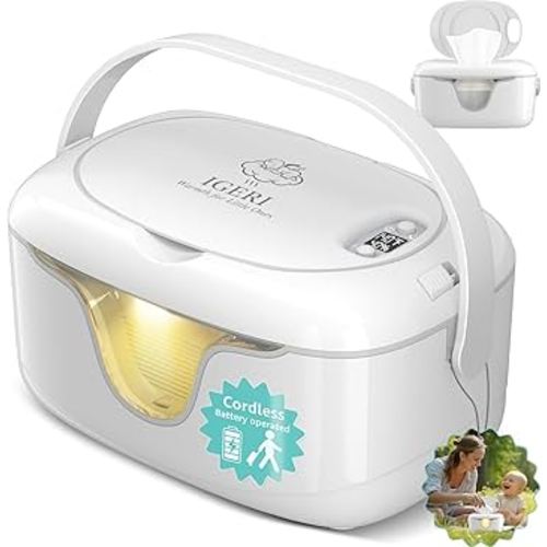IGERI Portable Wipe Warmer and Wet Diaper Wipes Dispenser Cordless Battery Operated Travel Wetwipe Warmers Rechargeable with Nightlight Temperature Control