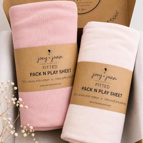 Travel Crib Fitted Sheets for Baby Bjorn, Guava Lotus Travel Crib and 24" x 42" Inch Travel Light Playard Mattress – Snuggly Soft 100% Jersey Cotton – Muted Pink + Soft Pink – 2 Pack