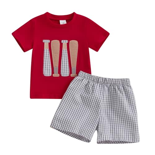 Mandizy Toddler Baby Boy Baseball Outfit Embroidered Short Sleeve T-Shirt Plaid Print Shorts Set Golf Sports Theme Clothes