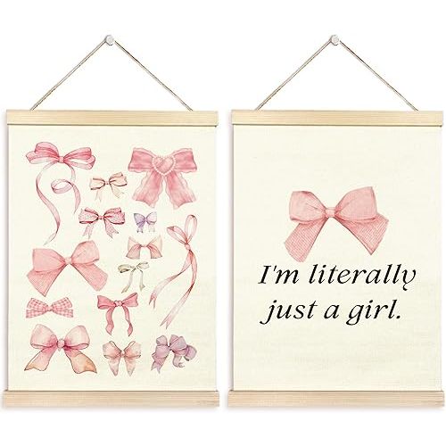 TAEDIN Coquette Girls Room Wall Art Poster Hanger Frame Set of 2 - Pink Bows Trendy Preppy Wall Art with Wood Frames, Funky Wall Hanging Decor for Teen Girly Room Apartment Dorm, 12x16 Inches