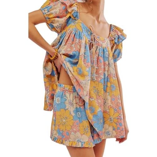 NUFIWI Women Floral Babydoll Tops 2 Piece Lounge Sets Square Neck Puffy Short Sleeves Peplum Shirt and Shorts Pajams Suits