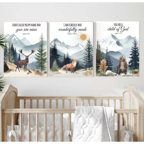 UNFFRAMED Nursery Decor Woodland, Mountain Wall Art, Tree Nursery Decor, Adventure Theme Nursery, Forest, Sage Green, Bible Nursery, Verse Nursery #2 Set 3 Prints 8x12