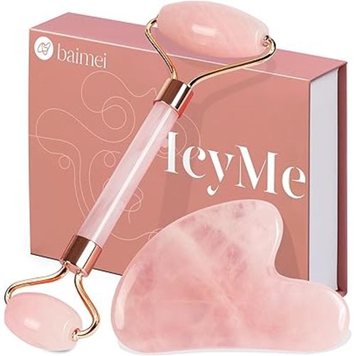 BAIMEI IcyMe Jade Roller & Gua Sha, Face Roller Redness Reducing Skin Care Tools, Self Care for Men Women, Massager for Face, Eyes, Neck, Relieve Fine Lines and Wrinkles - Rose Quartz