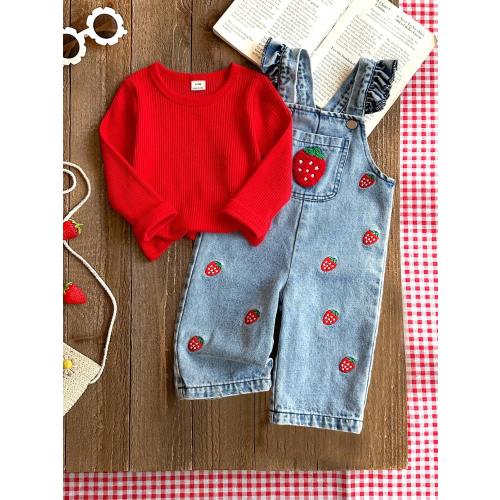 SHEIN Vintaside Kids 1pc Baby Girl Blue Denim Casual Cute Embroidered Floral Strap Denim Jumpsuit, Suitable For Outings And Parties