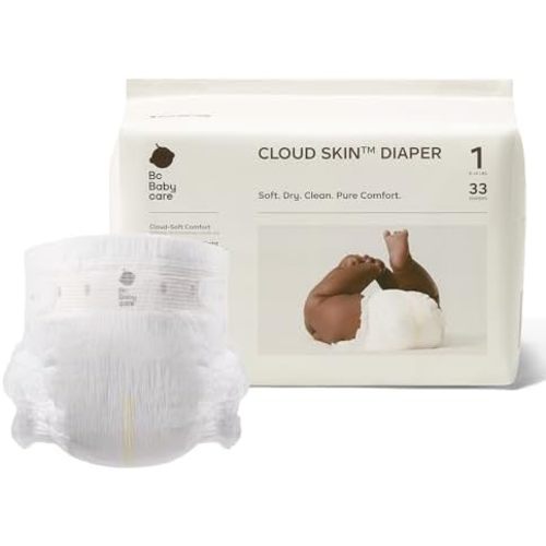 Bc Babycare Cloud Skin Baby Diapers, Size 1 (8-14 lbs), 33 Count – Ultra Soft & Dry, Leak-Proof Overnight Comfort, Hypoallergenic, Totally Chlorine-Free
