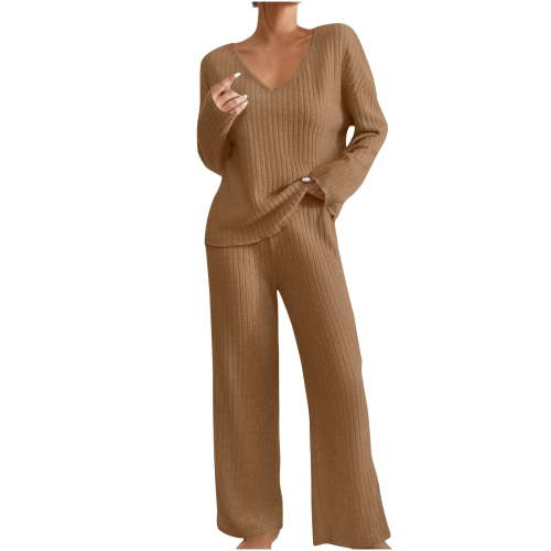 YUGYXL Lounge Sets for Women 2 Piece Postpartum Maternity Pajama Set Soft Ribbed Knit Long Sleeve Top Pants Matching Set Khaki S