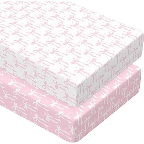 2 Pack Pink Bow Crib Sheets for Girls Boys Coquette Bed Sheet Set Fitted 52'' x 28" for Standard Crib Mattress Stretchable Soft Toddler Aesthetic Nursery Decor