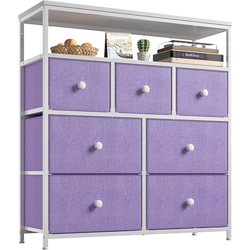 EnHomee Tv Stand for Bedroom with 7 Fabric Dressers and 2 Shelves，Dressers & Chests of Drawers for Closet，Hallway，Entryway，Dormitory，Purple Storage Drawers