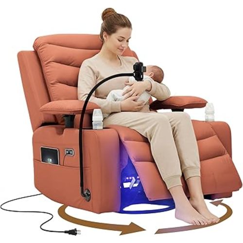 Olela Power Glider Recliner Nursery Chair, PU Leather Swivel Rocking Chair with Electric Lumbar Support, USB Charging, Smart Cup Holder, Light, Adjustable Armrest, Wireless Phone Charger Holder