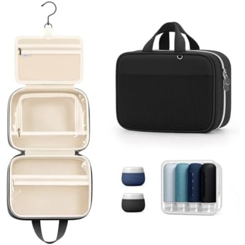 Lotour Travel Toiletry Bag for Women with Travel Size Silicone Containers Set, Hanging Toiletry Bag for toiletries, Cosmetic Bag Travel Organizer (Black)