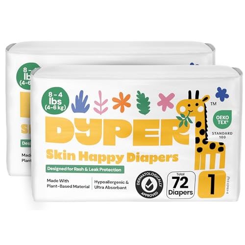 DYPER - Pack of 2 Baby Diapers Size 1 (72 Count) - Leak Proof, Plant Based, Hypoallergenic & Ultra Absorbent Disposable Diaper for Day & Overnight, Skin-Friendly Comfort Size 1 Diapers (8-14 lbs)