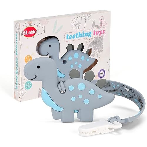 Baby Teething Toys, Dinosaur Teether Pain Relief Toy with One Piece Design Silicone Pacifier Clip Holder Set for Newborn Babies, Freezer Safe Neutral Shower Gift for Boy and Girl(Grey)