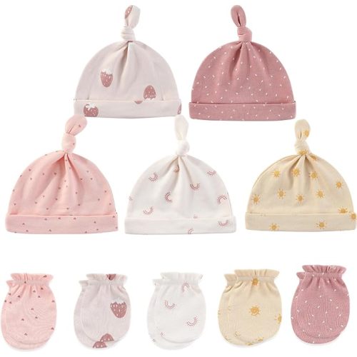MAMIMAKA Baby Hat and Mittens Set Newborn Baby Hats Caps for Baby Boys Girls 0-6 Months 100% Cotton