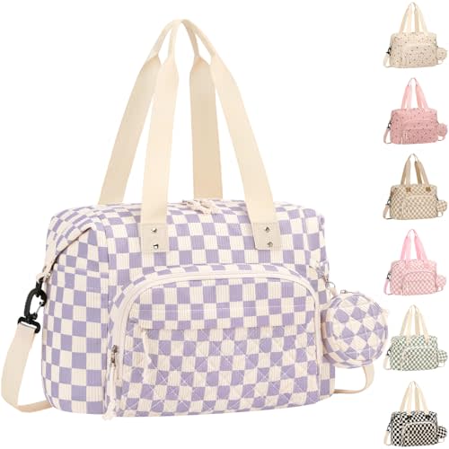 Tenot Diaper Bag Tote, Baby Bag with Pacifier Case, Purple Checkered | Corduroy, Large Capacity, Travel Diaper Bag with Shoulder Straps for Mom, Dad, Baby Girl Boy, Maternity Hospital Bag