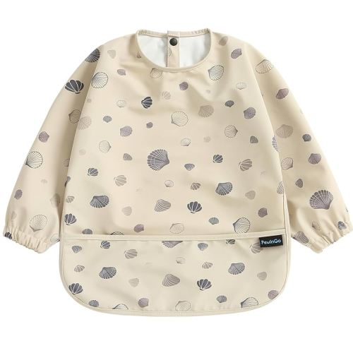Baby Bib with Long Sleeves Bib & BLW, Machine Washable & Soft and Skin-Friendly Material, Coverall Bibs for Baby Feeding, Waterproof and Easy to Clean, for Baby Infant Toddlers (Beige)