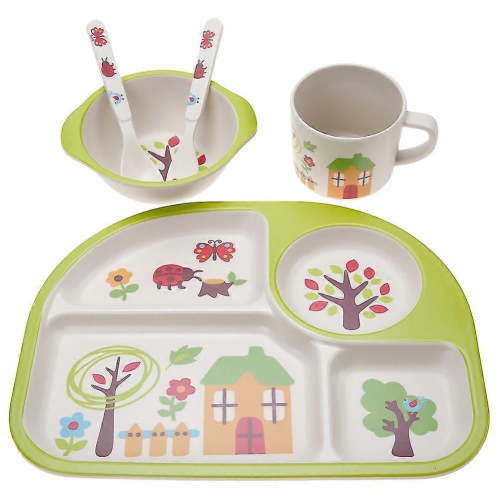 5 Piece Bamboo Dinnerware For Kids, Toddler,cute Animal Plate And Bowl Set,great Gift For Birthday, Baby Shower-Yvan