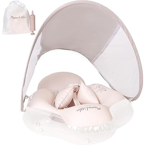 MomnLittle Inflatable Baby Pool Float with Sun Canopy, UPF 50+ UV Protection, Safety Harness and Bottom Support, Dual Air Chambers, Stabilizing Tail, No Flip Over Swimming Pool Toys