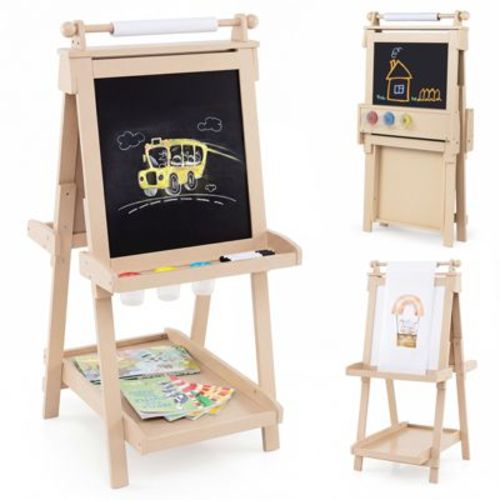 Costway 3-In-1 Kids Art Easel with Magnetic White Board, Chalkboard, Paper Roll & Holder Natural
