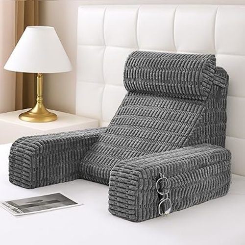 19" Reading Pillow for Bed with Built-in Arms & Large Pockets, Supportive Backrest Cushion for Reading, Resting, or Reclining, Washable Cover – Grey