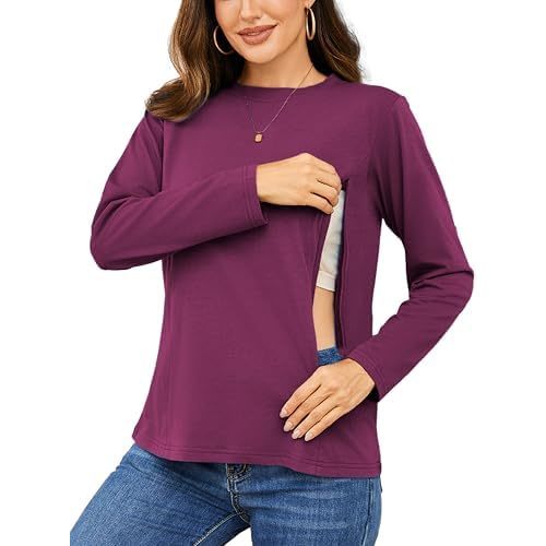 Ecavus Women’s Zip Maternity Nursing Tops for Breastfeeding Long Sleeves Casual Nursing Shirts Pregnancy Mama Clothes