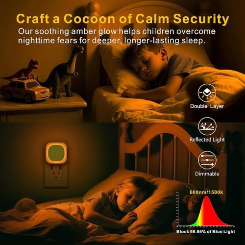 6 Pack Amber Night Light Plug into Wall, Eye-Care Glow for Kids | Dusk to Dawn Sensor, Dimmable Reflected Dim Light, Plug-in LED Nightlight for Toddler, Bathroom, Bedroom, Sleep, Baby Nursery