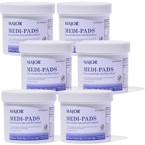 MAJOR Medi-Pads - Hemorrhoidal Hygienic Cleansing Witch Hazel Pads - Cooling Relief with Aloe - 100 Count Jar (6 Pack)