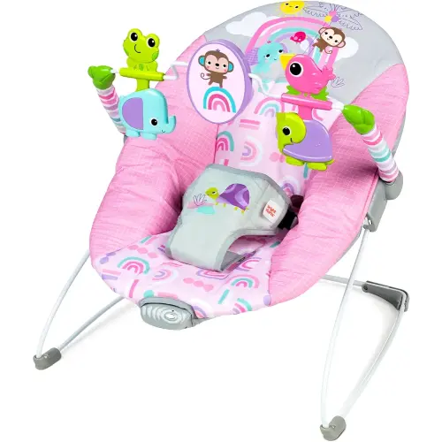 Bright Starts Pink Paradise Portable Baby Bouncer with Vibrating Infant Seat and -Toy Bar, Max Weight 20 lbs., Age 0-6 Months
