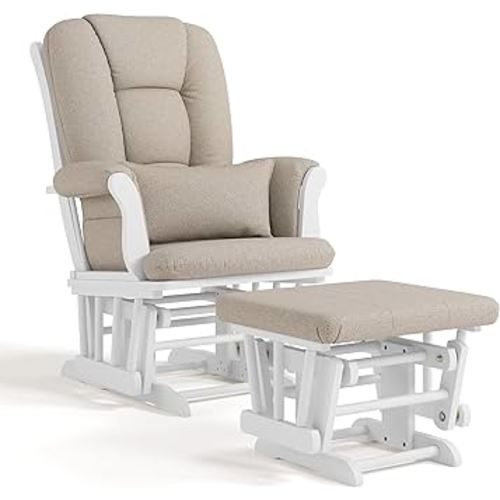 Storkcraft Tuscany Custom Glider and Ottoman with Free Lumbar Pillow (White/Taupe Swirl) - Cleanable Upholstered Comfort Rocking Nursery Chair with Ottoman