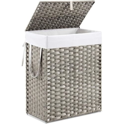 DUMOS Woven Laundry Basket with Lid, 90L Large Capacity Hamper, Removable & Machine-Washable Liner, Foldable Rattan Clothes Hamper, Sturdy Steel Frame, Odor Control, Dove Gray