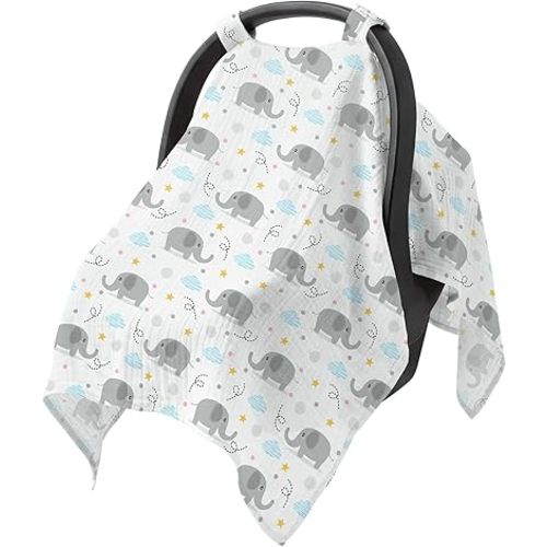 Baby Car Seat Cover - 100% Muslin Cotton Universal Breathable Canopies for Boys and Girls Soft Spring Summer Car Seat Cover Lightweight Infant Car Seat Canopy - Gray Elephants