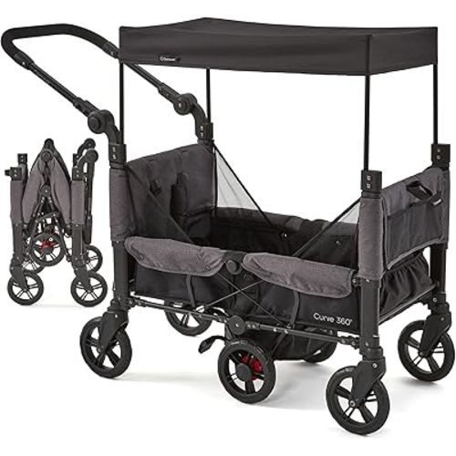 Contours Curve 360 Lightweight Double Baby Stroller Wagon for 2 Kids, Fits Infant Car Seats, Ultra Maneuverable, Easy in and Out for Toddlers with Deep Footwell, Storage Pockets and Adjustable Handle