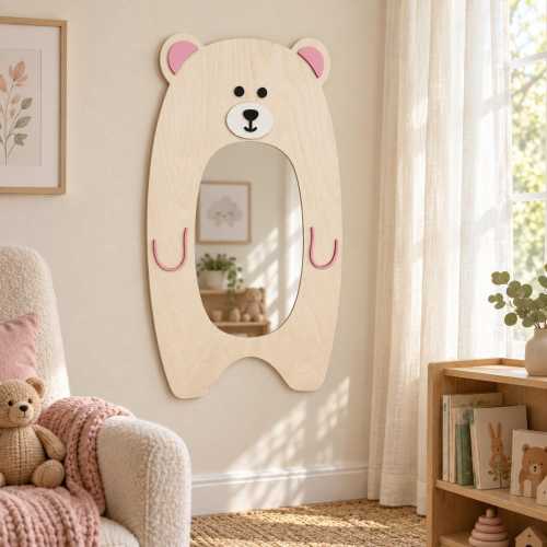 Handmade Teddy Bear Wall Mirror for Kids, Acrylic Nursery Decor, Plywood Backing