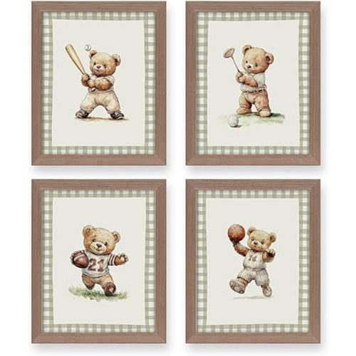 heilkee Teddy Bear Nursery Decor Vintage Sports Wall Art for Boys Bedroom Toddler Boy Gifts Golf Football Baseball Basketball Set of 4(Brown Framed, 8x10in)