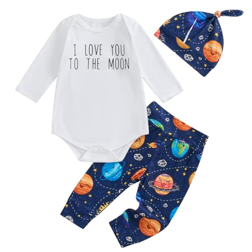 Newborn Baby Boy Coming Home Outfit I Love You to the Moon Bodysuit Space Planets Pants Hat 3pcs Clothes Set