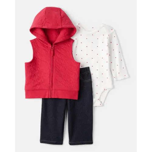 Baby Girl 3-Piece Heart Quilted Vest Outfit Set - Red | Carter's