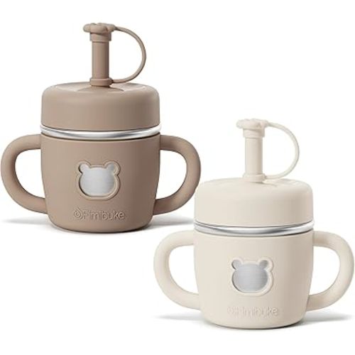 Fimibuke Sippy Cups for Toddlers, 10 OZ Spill Proof Kids Cup, Leak Proof Stainless Steel Tumbler with Handle, Silicone Straw & Sleeve, BPA Free Dishwasher Safe Girl Boy Kids Water Bottle, 2 Packs