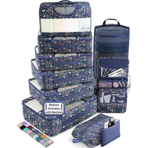 Veken 10 Set Packing Cubes for Travel Essentials,Anti-Wrinkle Buckled Suitcase Organizer for Shoe & Toiletry Bag,Carry On Luggage Bag with 99+ Count Mesh Holes for Airplane & College Dorm Accessories