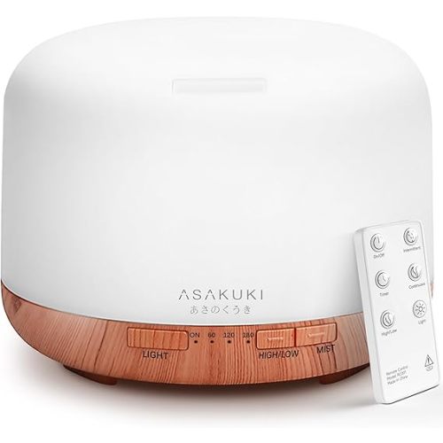 ASAKUKI Essential Oil Diffuser for Home, 500ML Aromatherapy Diffuser Humidifier with Remote Control, 7 Color LED Lights, Quiet Cool Mist Diffuser for Bedroom, Living Room, Office (White)