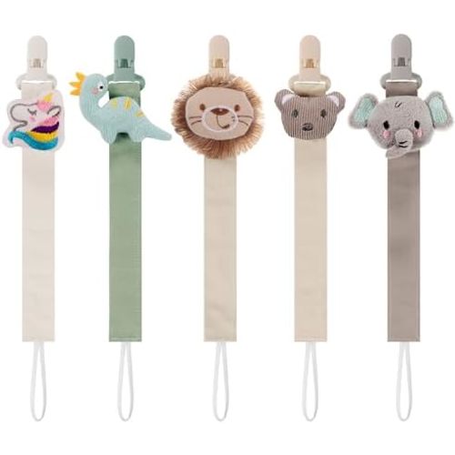 5 Pack Pacifier Clip for Baby Boys and Girls, Multicolor Fabric Straps,5pcs Straps, Approx. 11 in / 29 cm, Resin Clips with Inner Grip Design, Fits Most Pacifiers with Handles